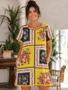 FARM Rio for Anthropologie Yellow Floral Patchwork Shift Dress Women’s Med Boho